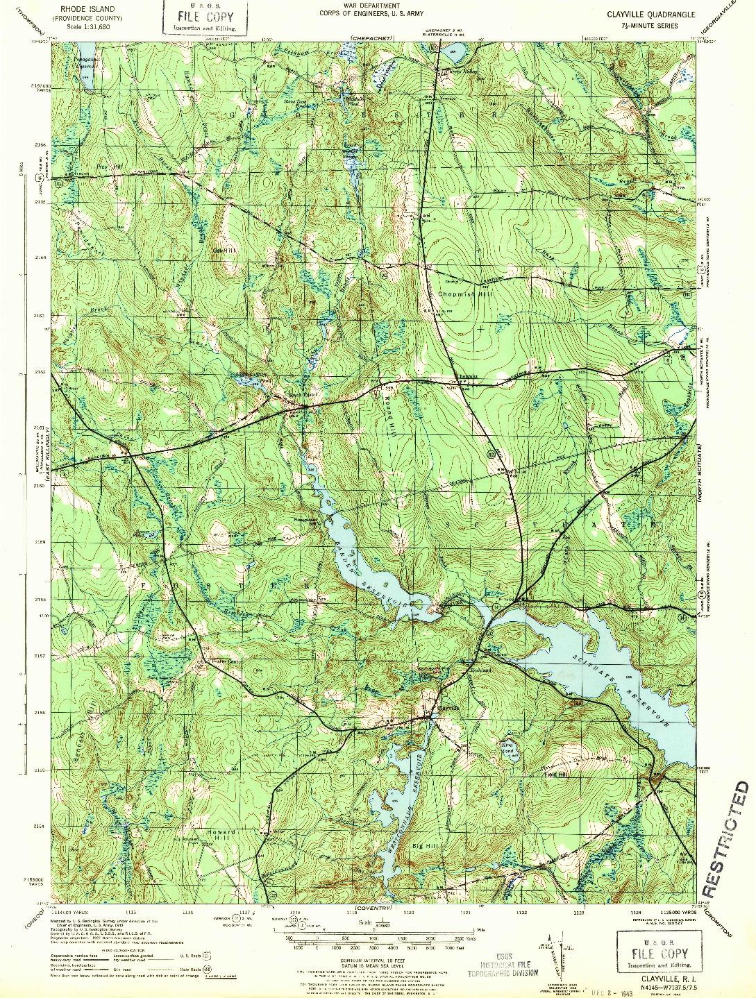 USGS 1:31680-SCALE QUADRANGLE FOR CLAYVILLE, RI 1943