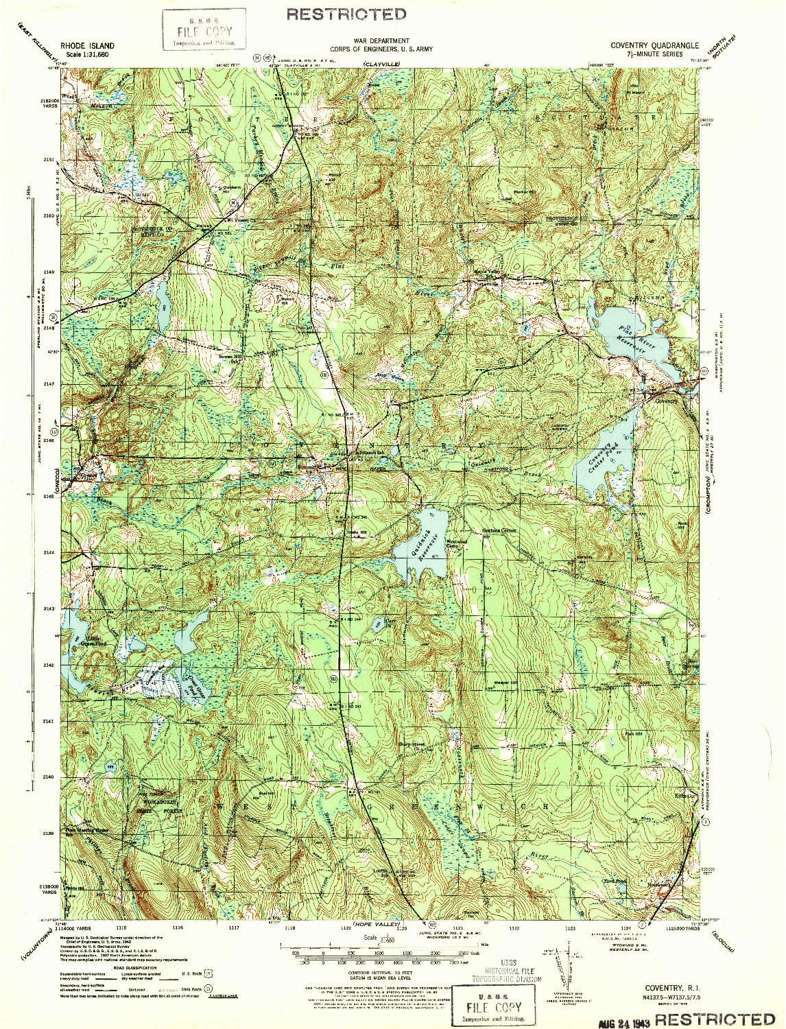 USGS 1:31680-SCALE QUADRANGLE FOR COVENTRY, RI 1943