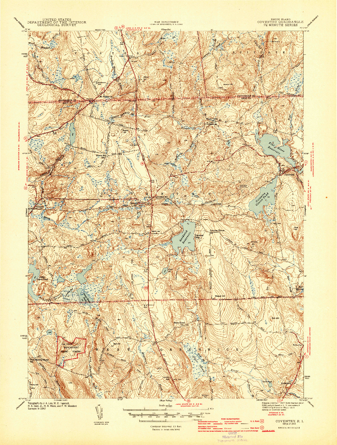 USGS 1:31680-SCALE QUADRANGLE FOR COVENTRY, RI 1943