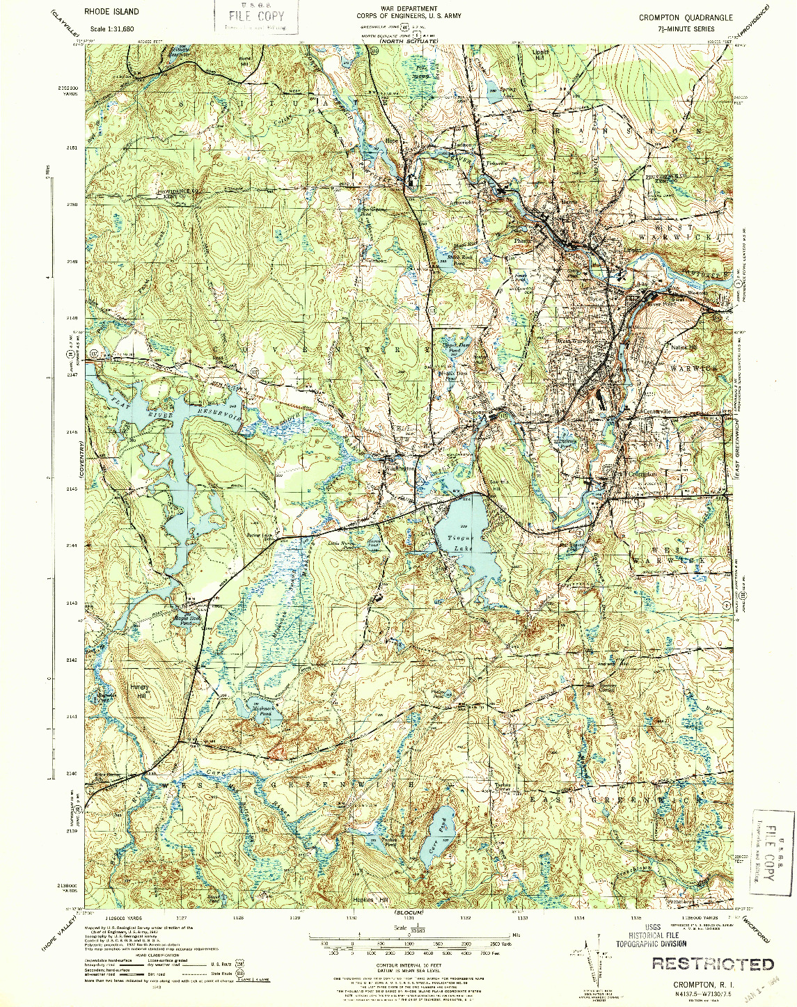 USGS 1:31680-SCALE QUADRANGLE FOR CROMPTON, RI 1943