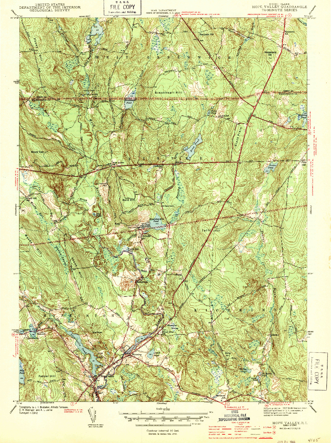 USGS 1:31680-SCALE QUADRANGLE FOR HOPE VALLEY, RI 1943