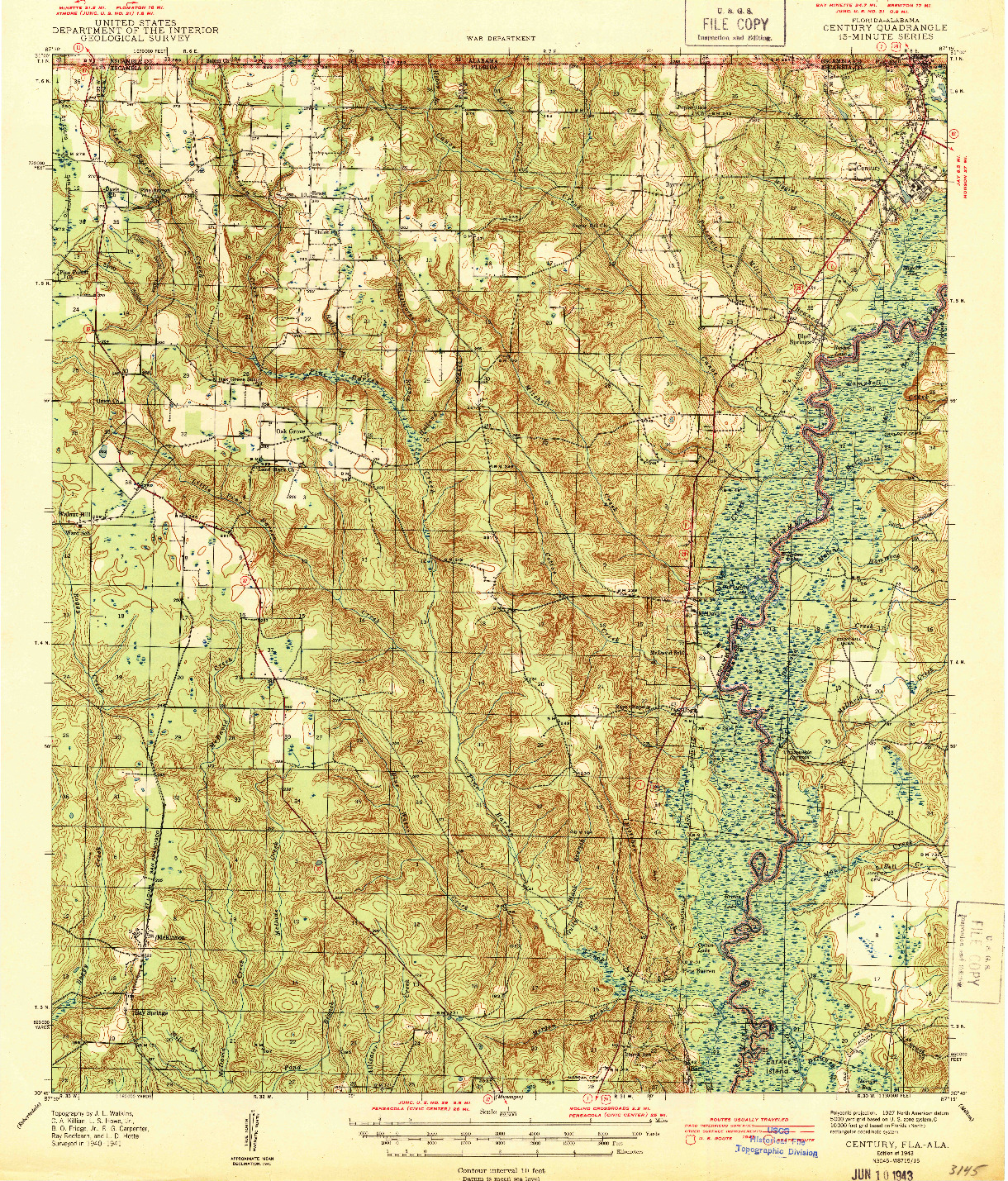 USGS 1:62500-SCALE QUADRANGLE FOR CENTURY, FL 1943