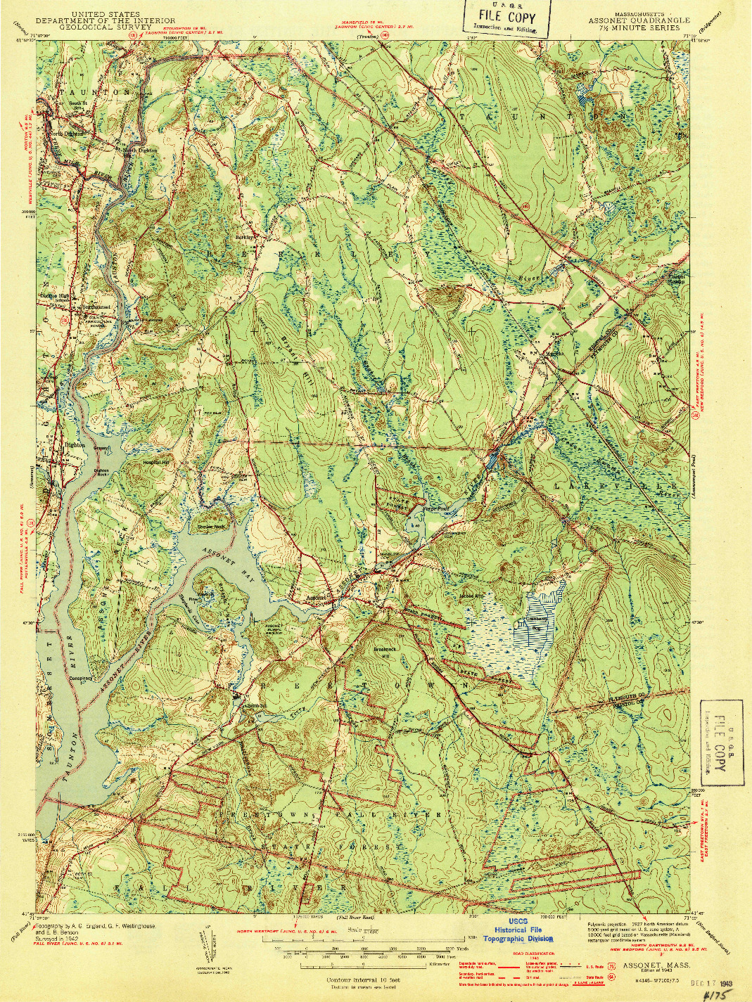 USGS 1:31680-SCALE QUADRANGLE FOR ASSONET, MA 1943