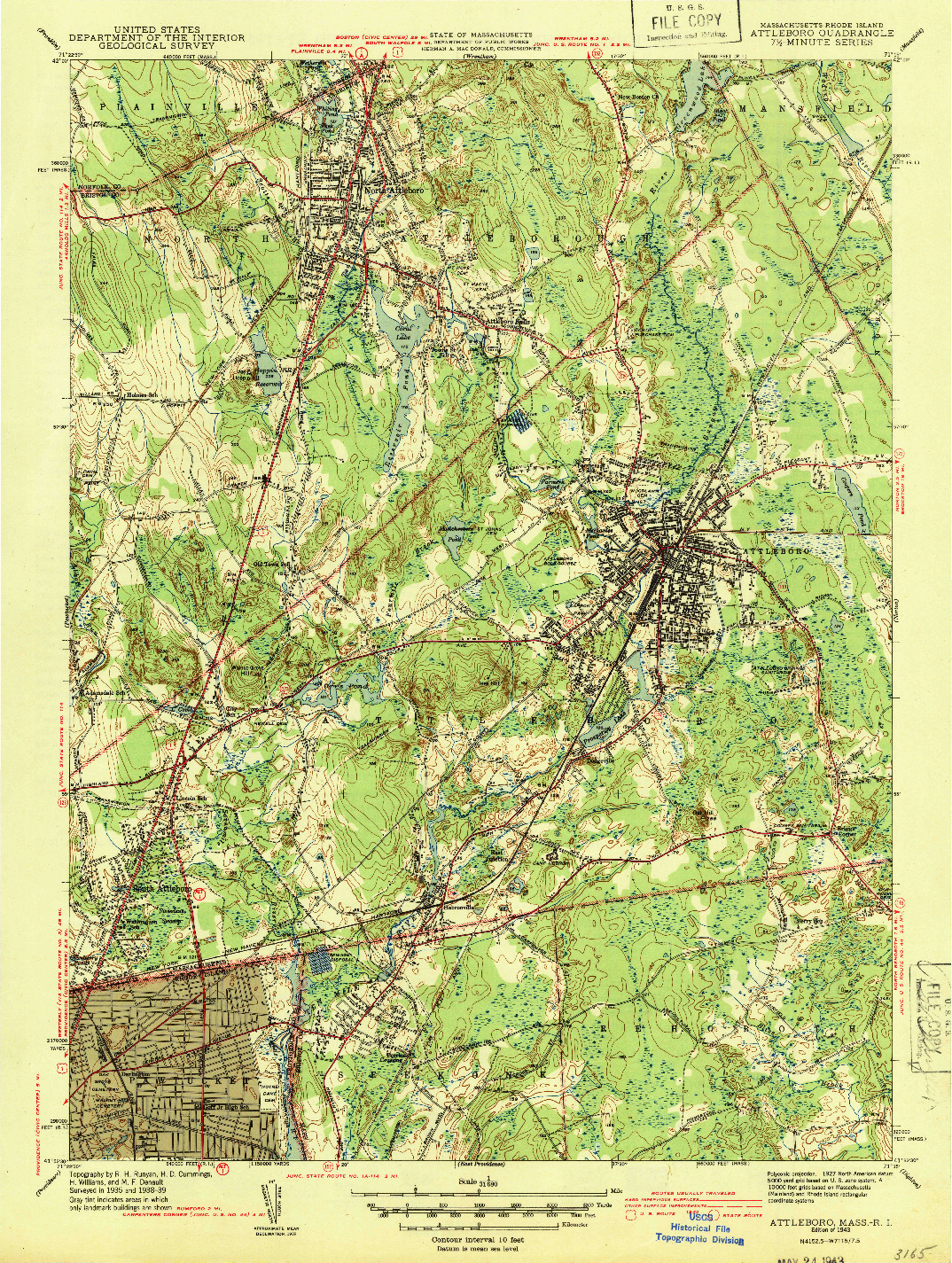 USGS 1:31680-SCALE QUADRANGLE FOR ATTLEBORO, MA 1943