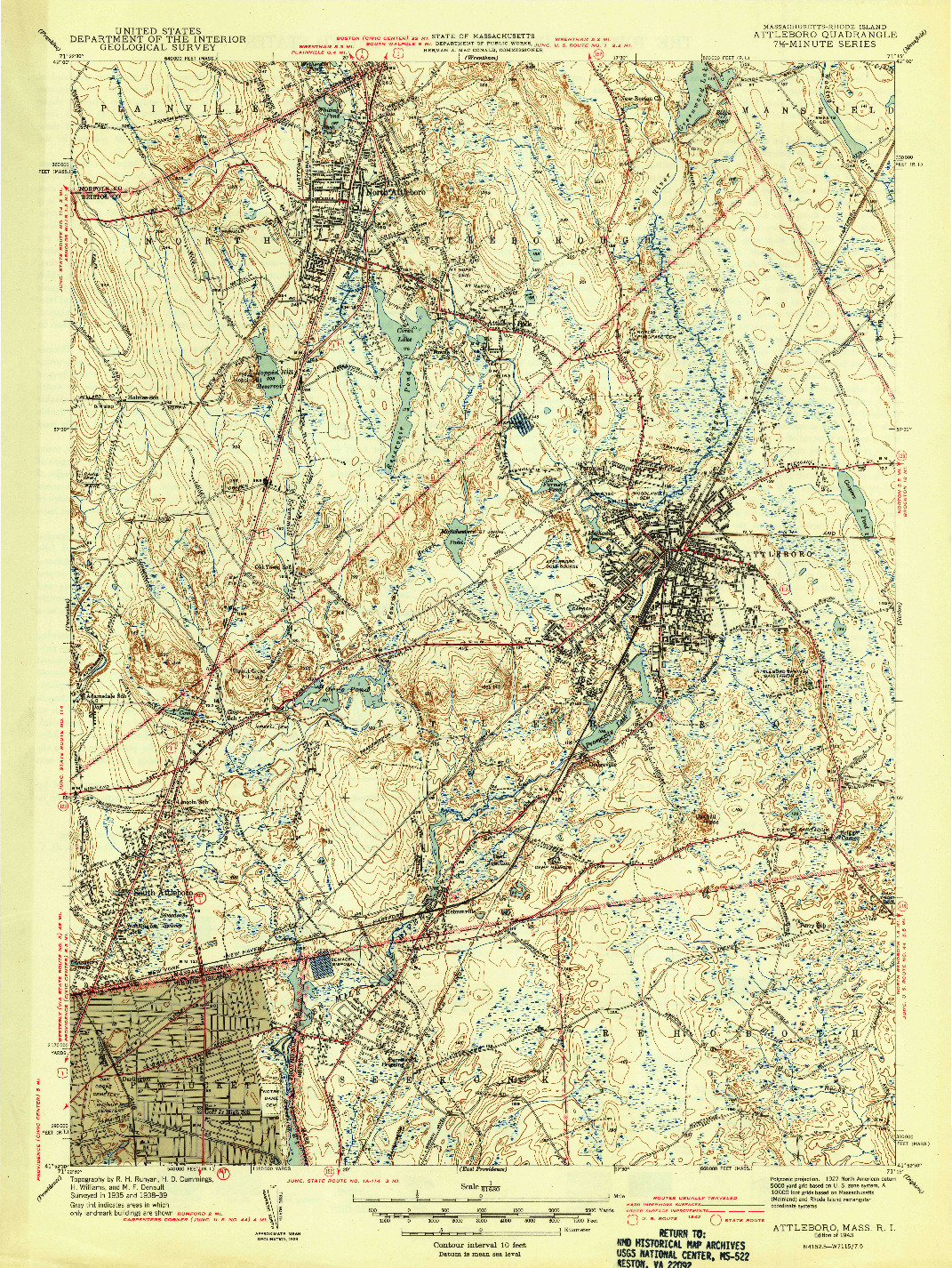 USGS 1:31680-SCALE QUADRANGLE FOR ATTLEBORO, MA 1943