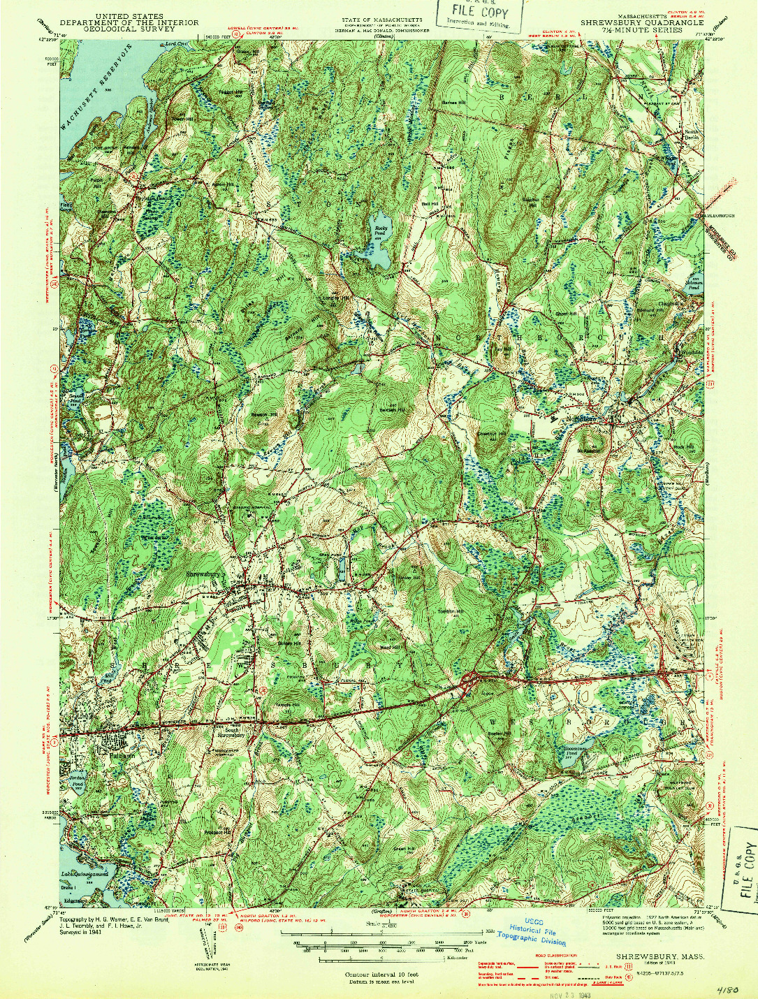 USGS 1:31680-SCALE QUADRANGLE FOR SHREWSBURY, MA 1943