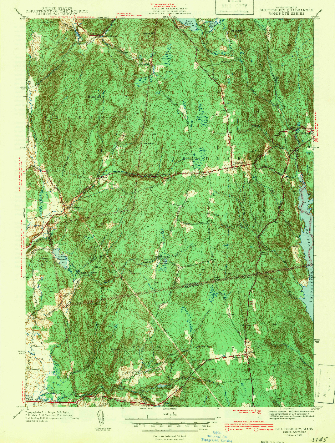 USGS 1:31680-SCALE QUADRANGLE FOR SHUTESBURY, MA 1943