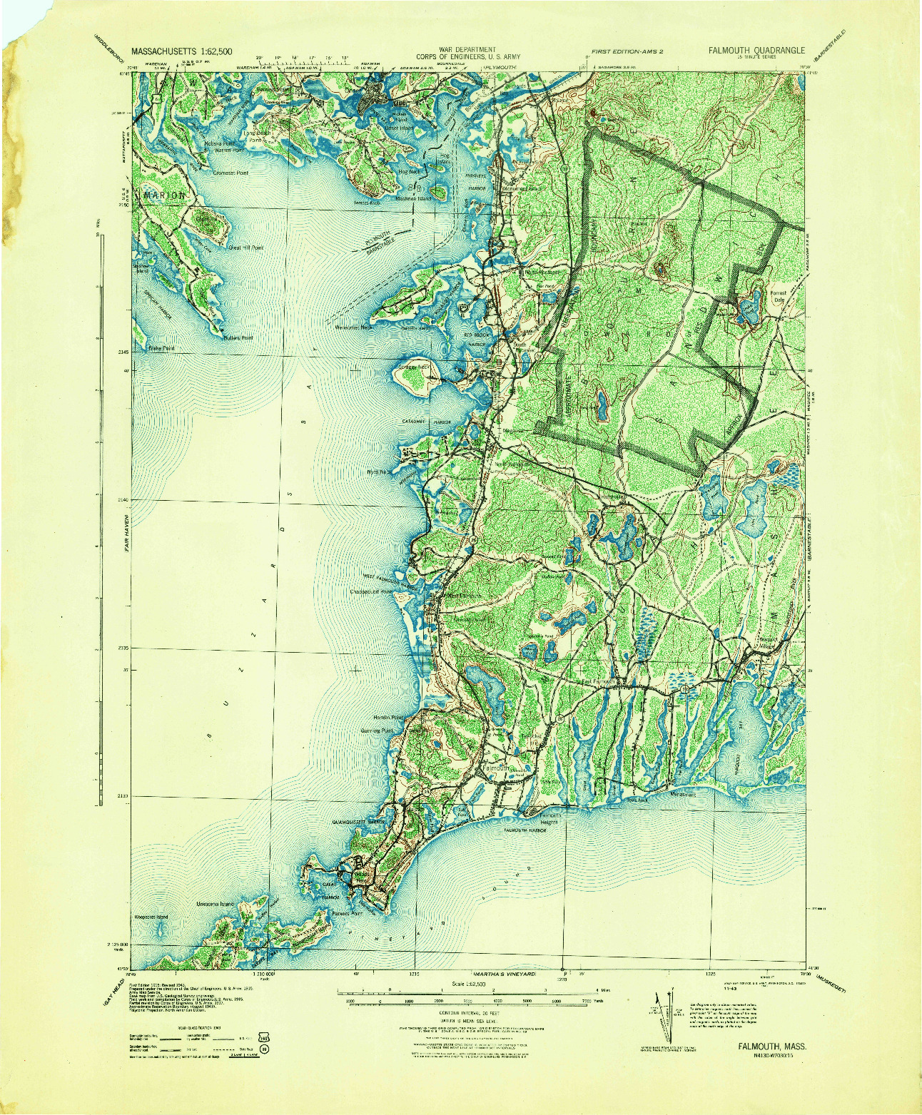 USGS 1:62500-SCALE QUADRANGLE FOR FALMOUTH, MA 1915