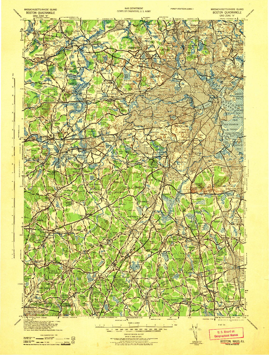 USGS 1:125000-SCALE QUADRANGLE FOR BOSTON, MA 1943