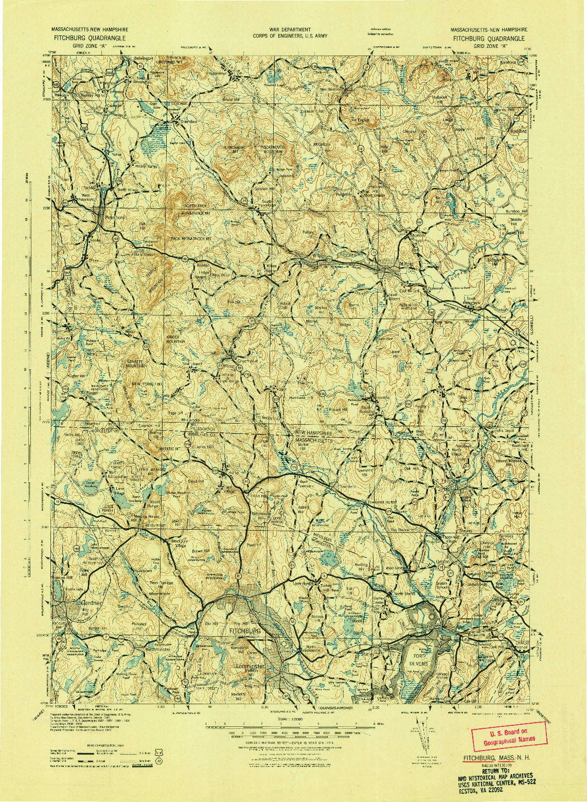 USGS 1:125000-SCALE QUADRANGLE FOR FITCHBURG, MA 1943