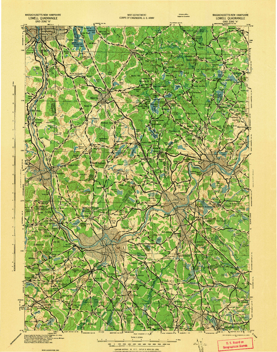 USGS 1:125000-SCALE QUADRANGLE FOR LOWELL, MA 1943