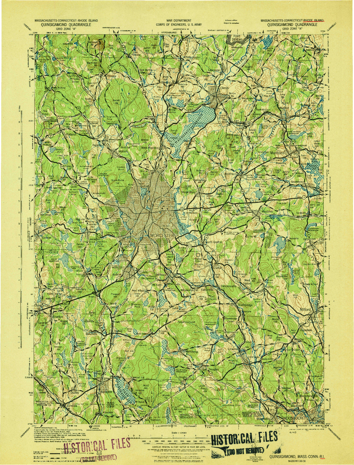 USGS 1:125000-SCALE QUADRANGLE FOR QUINSIGAMOND, MA 1943