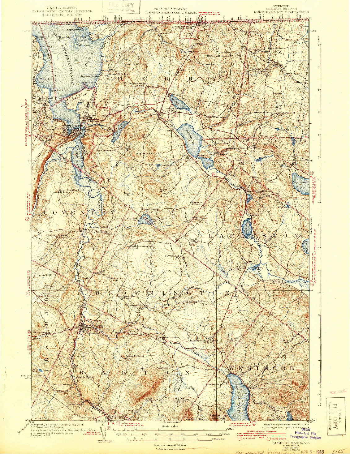 USGS 1:62500-SCALE QUADRANGLE FOR MEMPHREMAGOG, VT 1925
