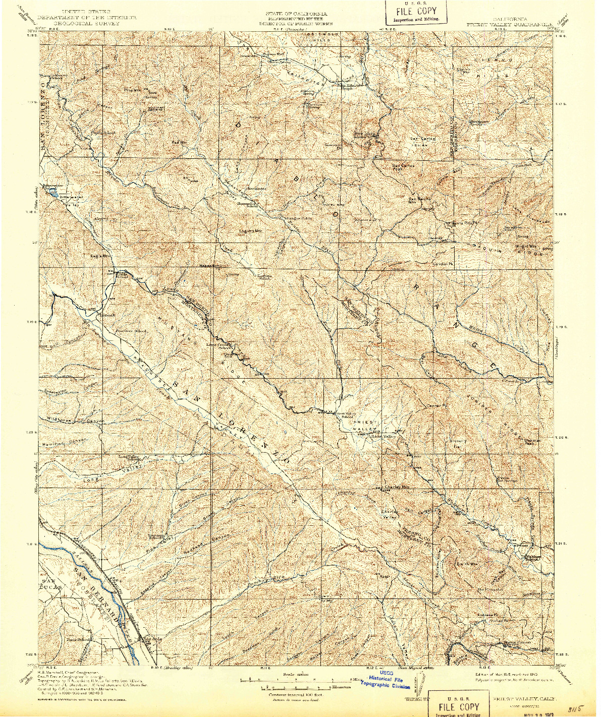 USGS 1:125000-SCALE QUADRANGLE FOR PRIEST VALLEY, CA 1915