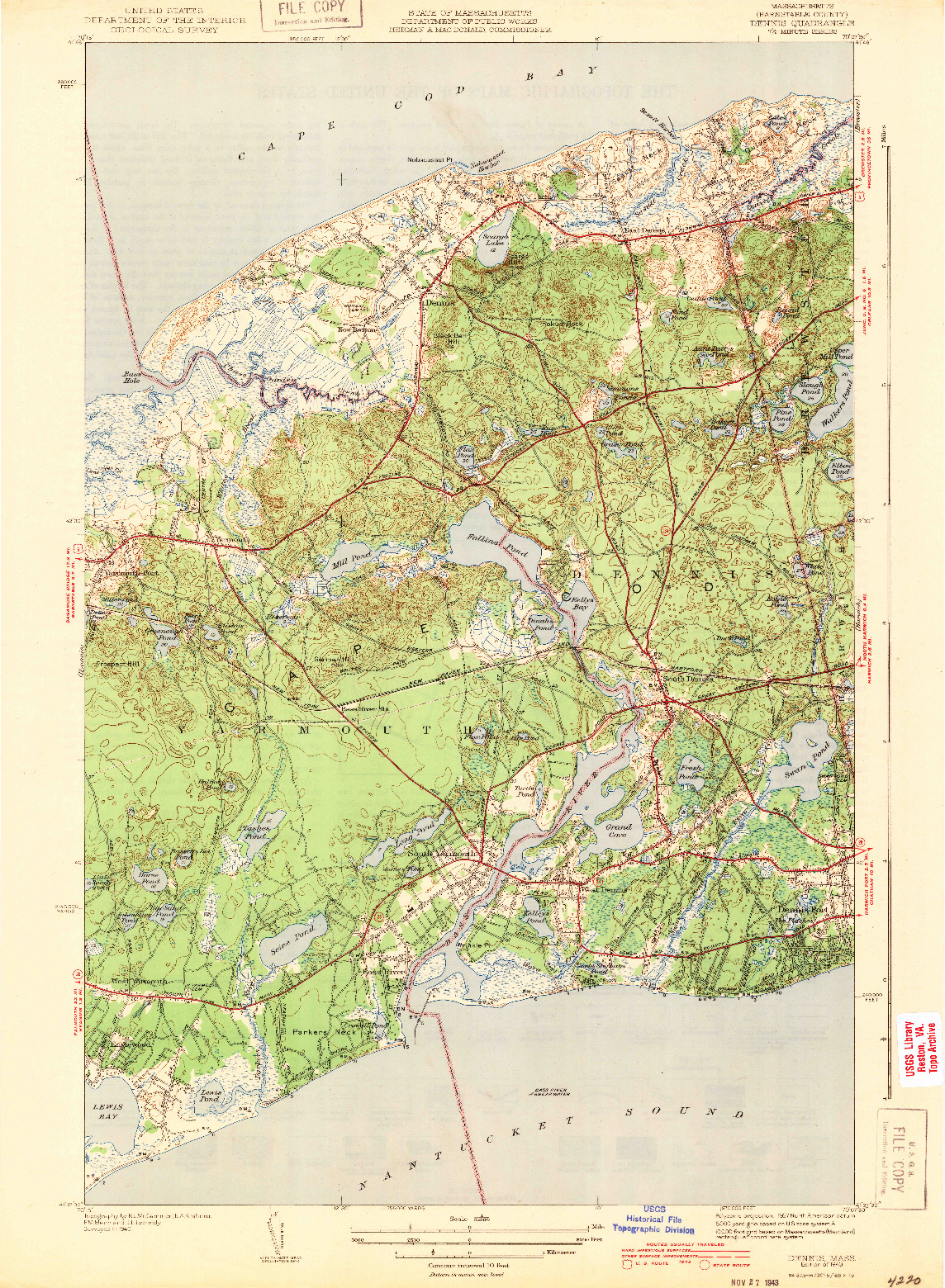USGS 1:31680-SCALE QUADRANGLE FOR DENNIS, MA 1943