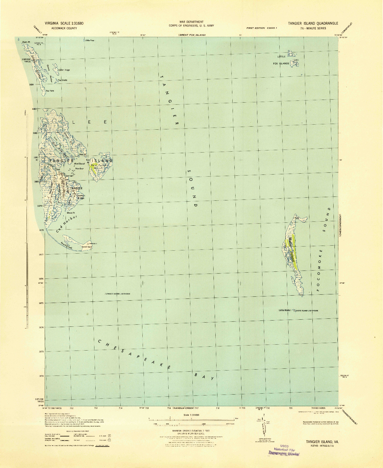 USGS 1:31680-SCALE QUADRANGLE FOR TANGIER ISLAND, VA 1943