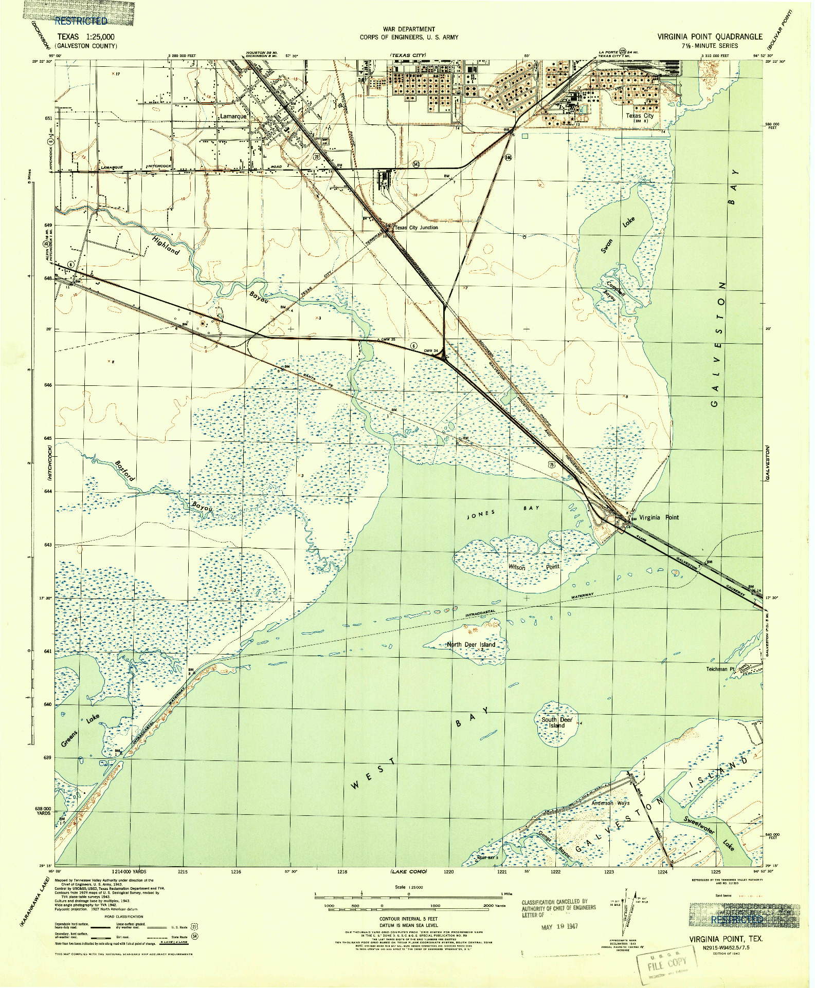 USGS 1:25000-SCALE QUADRANGLE FOR VIRGINIA POINT, TX 1943
