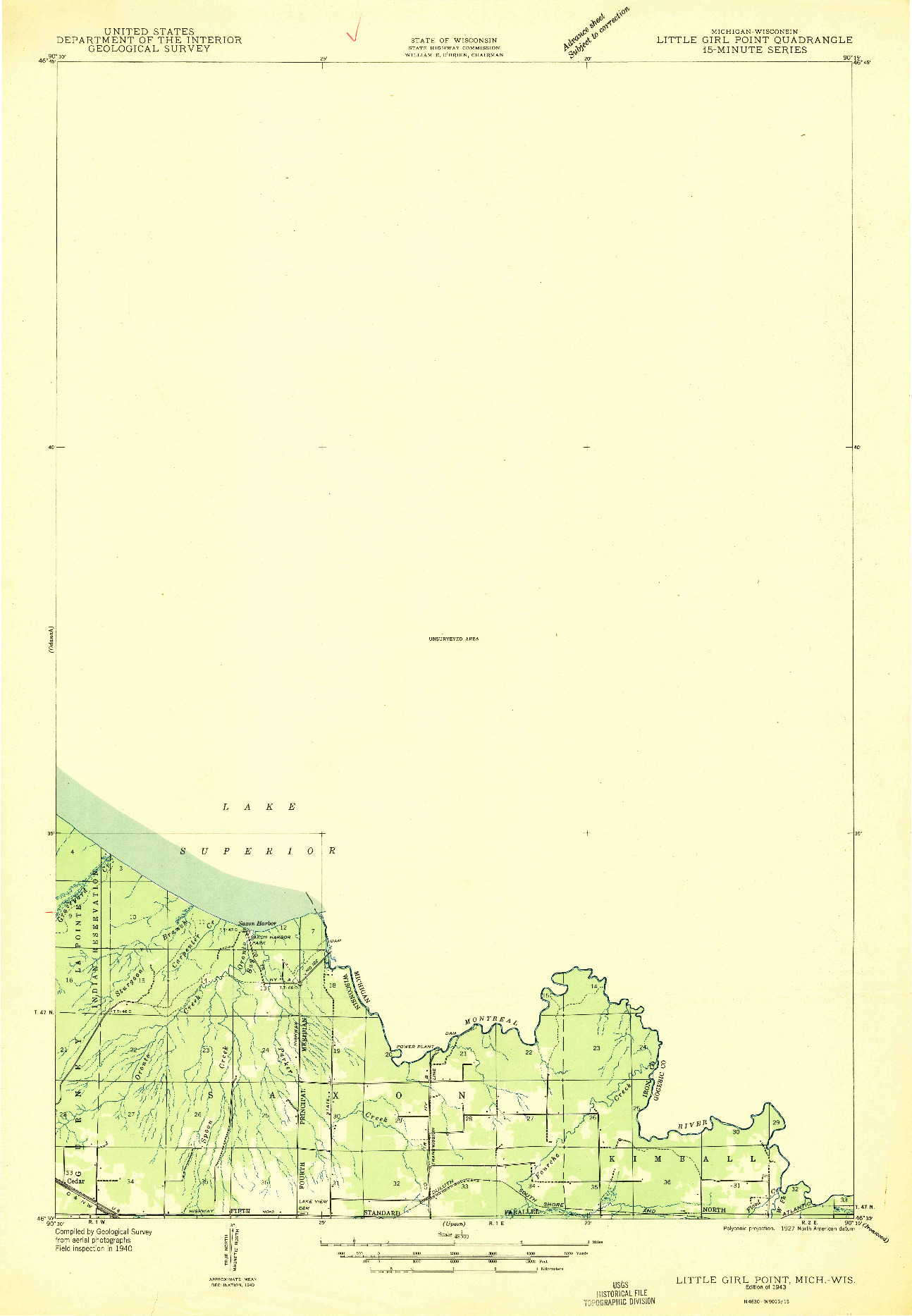 USGS 1:48000-SCALE QUADRANGLE FOR LITTLE GIRL POINT, MI 1943