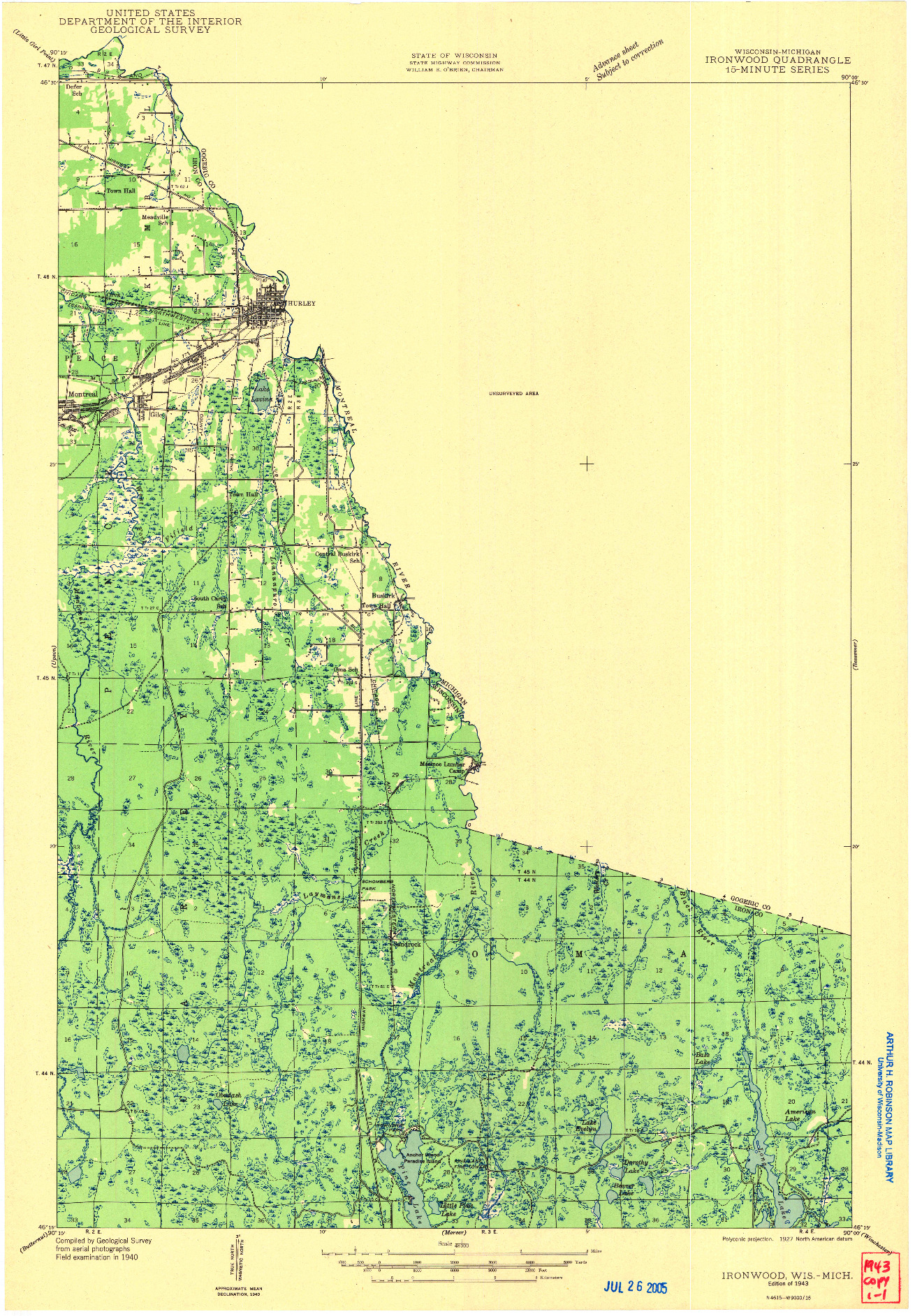 USGS 1:48000-SCALE QUADRANGLE FOR IRONWOOD, WI 1943