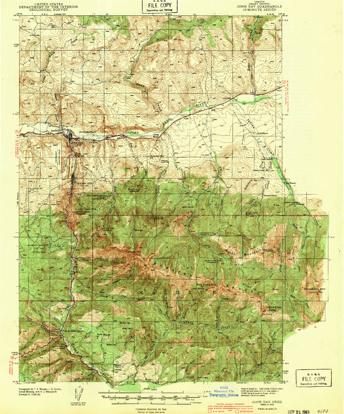 USGS 1:62500-SCALE QUADRANGLE FOR JOHN DAY, OR 1943