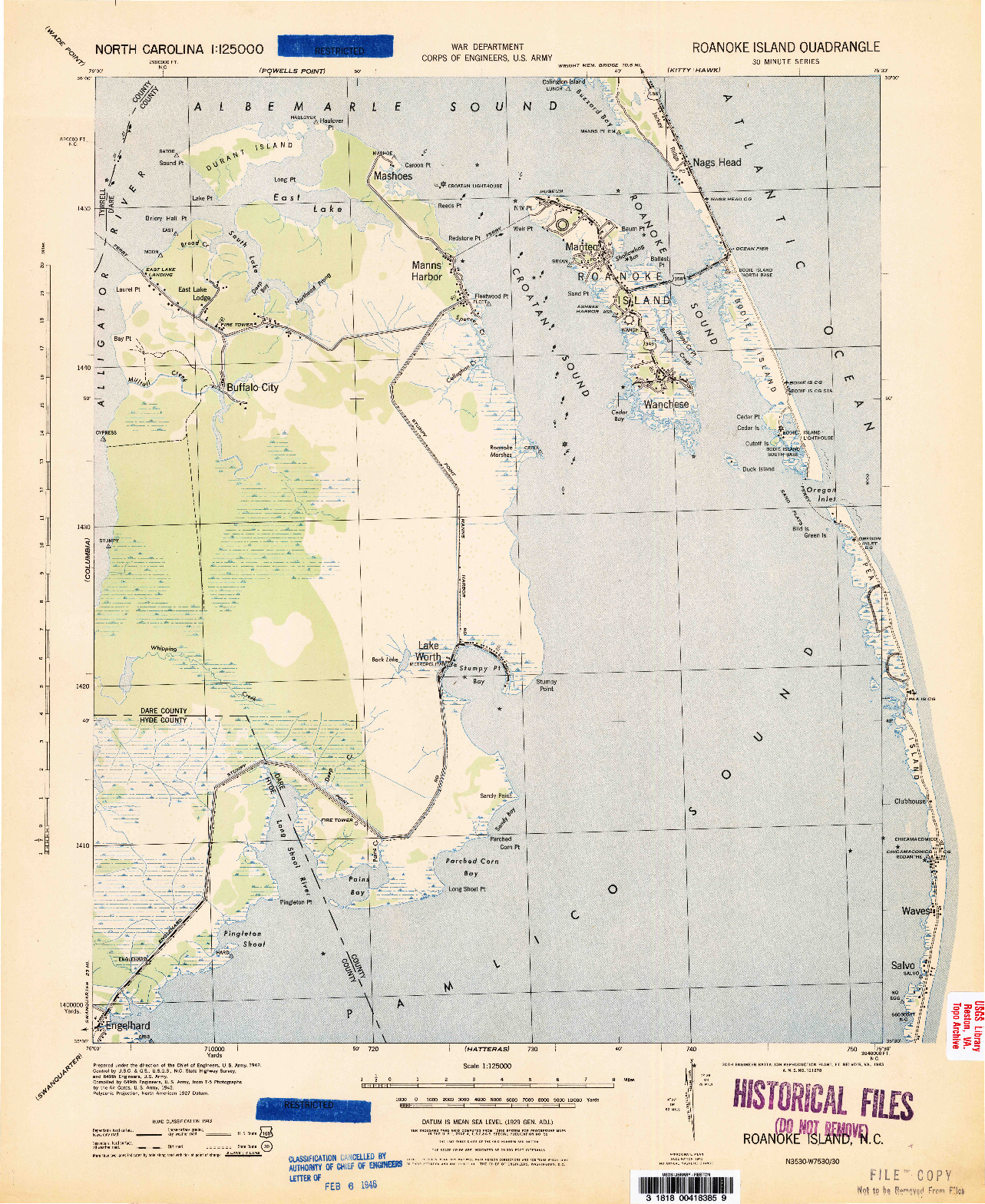 USGS 1:125000-SCALE QUADRANGLE FOR ROANOKE ISLAND, NC 1943