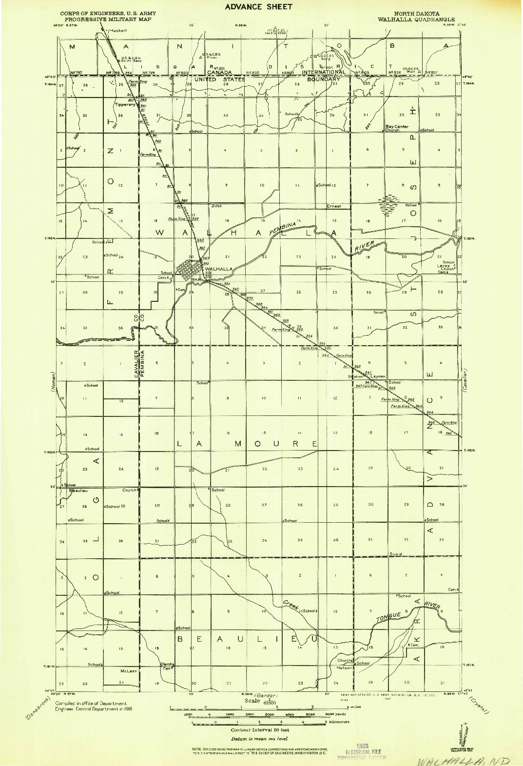 USGS 1:62500-SCALE QUADRANGLE FOR WALHALLA, ND 1943