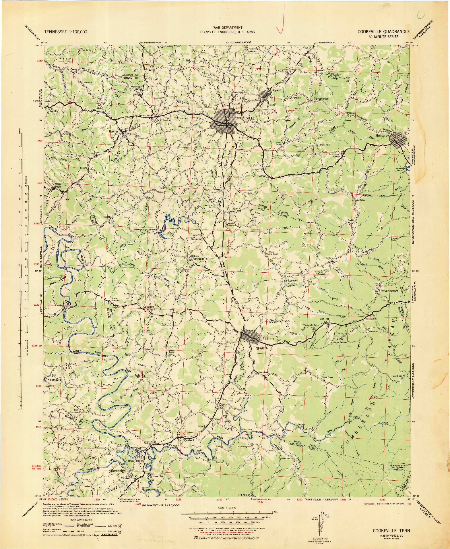 USGS 1:100000-SCALE QUADRANGLE FOR COOKEVILLE, TN 1943