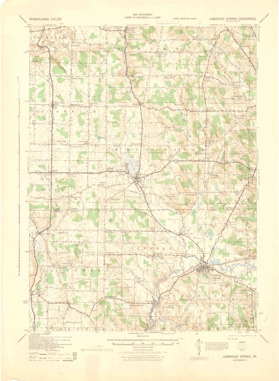 USGS 1:62500-SCALE QUADRANGLE FOR CAMBRIDGE SPRINGS, PA 1943