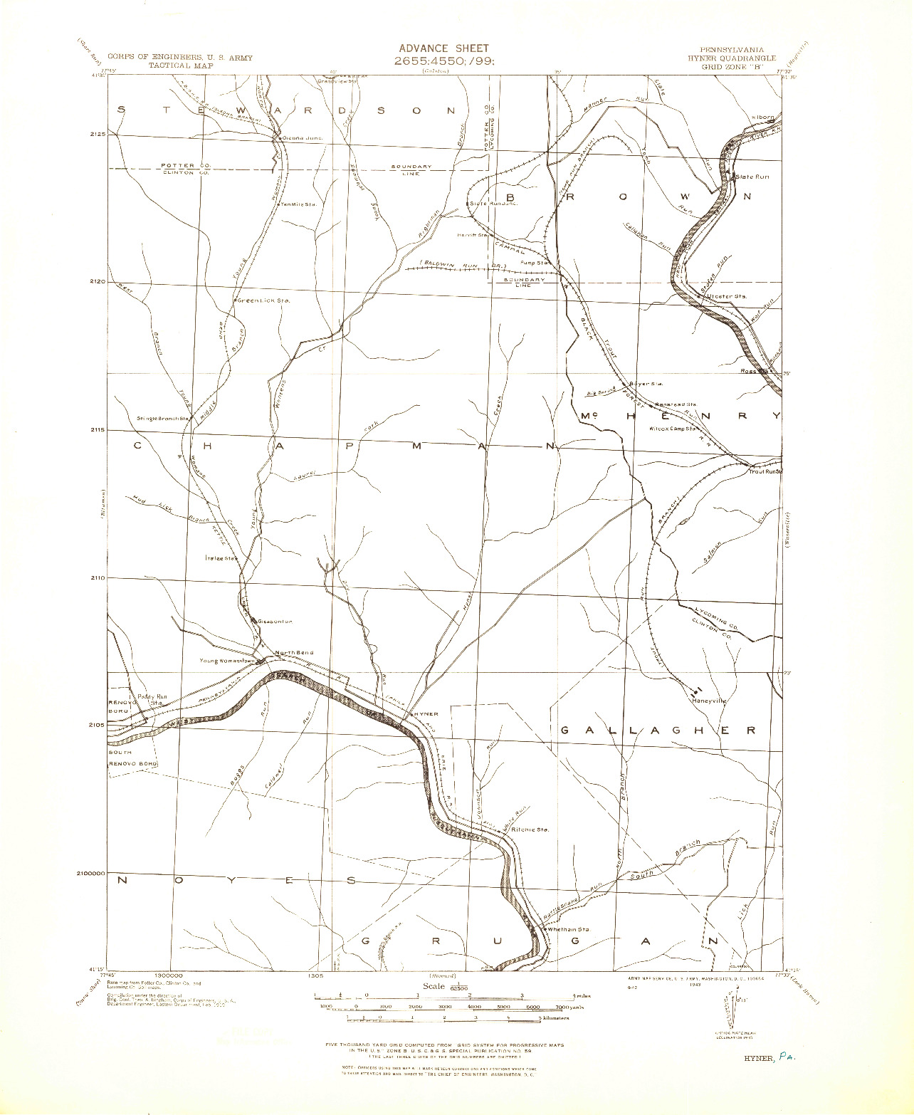 USGS 1:62500-SCALE QUADRANGLE FOR HYNER, PA 1943