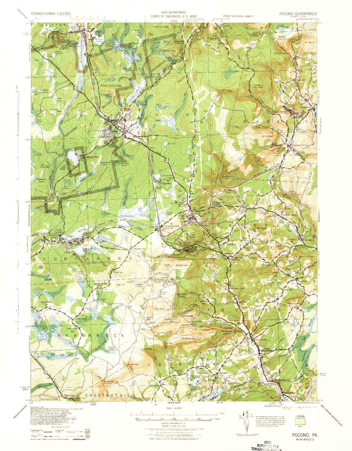 USGS 1:62500-SCALE QUADRANGLE FOR POCONO, PA 1943