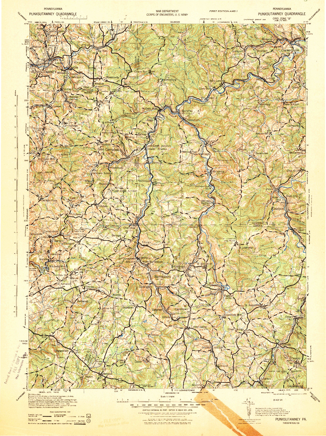 USGS 1:125000-SCALE QUADRANGLE FOR PUNXSUTAWNEY, PA 1943