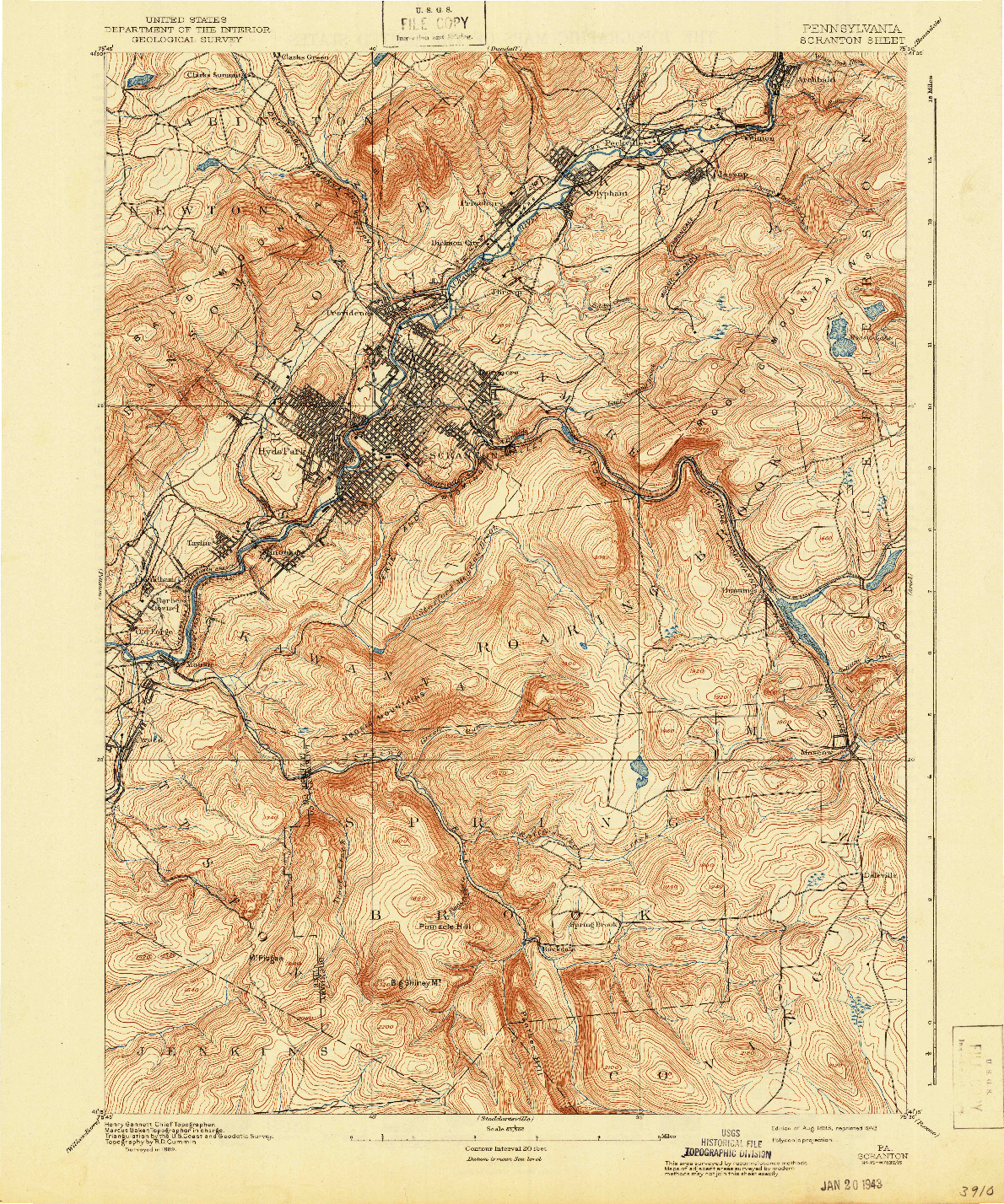 USGS 1:62500-SCALE QUADRANGLE FOR SCRANTON, PA 1893