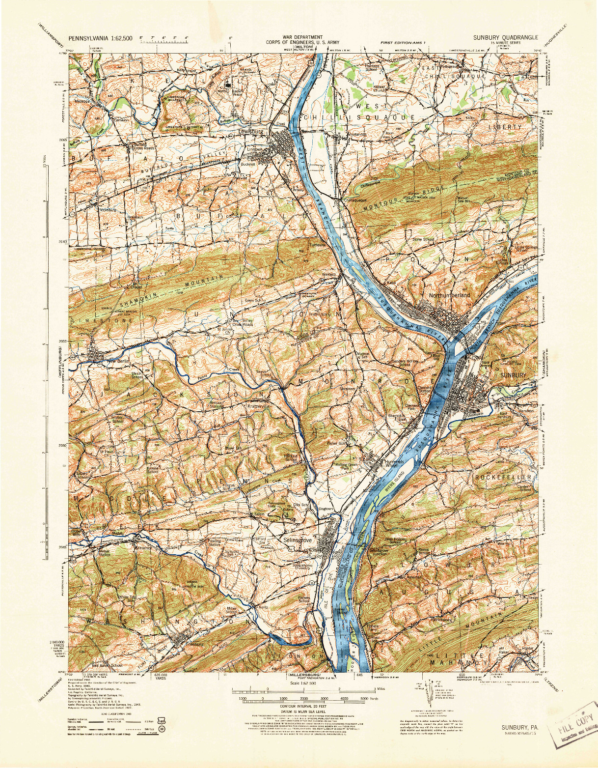 USGS 1:62500-SCALE QUADRANGLE FOR SUNBURY, PA 1943