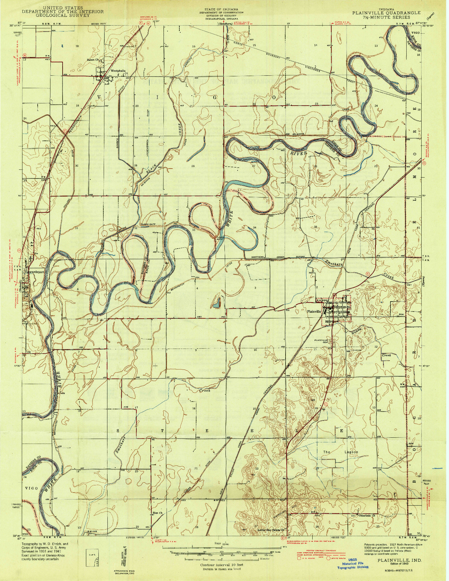 USGS 1:24000-SCALE QUADRANGLE FOR PLAINVILLE, IN 1943