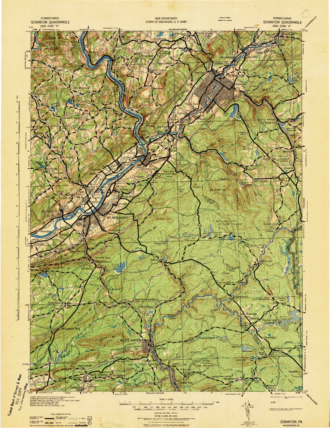 USGS 1:125000-SCALE QUADRANGLE FOR SCRANTON, PA 1943