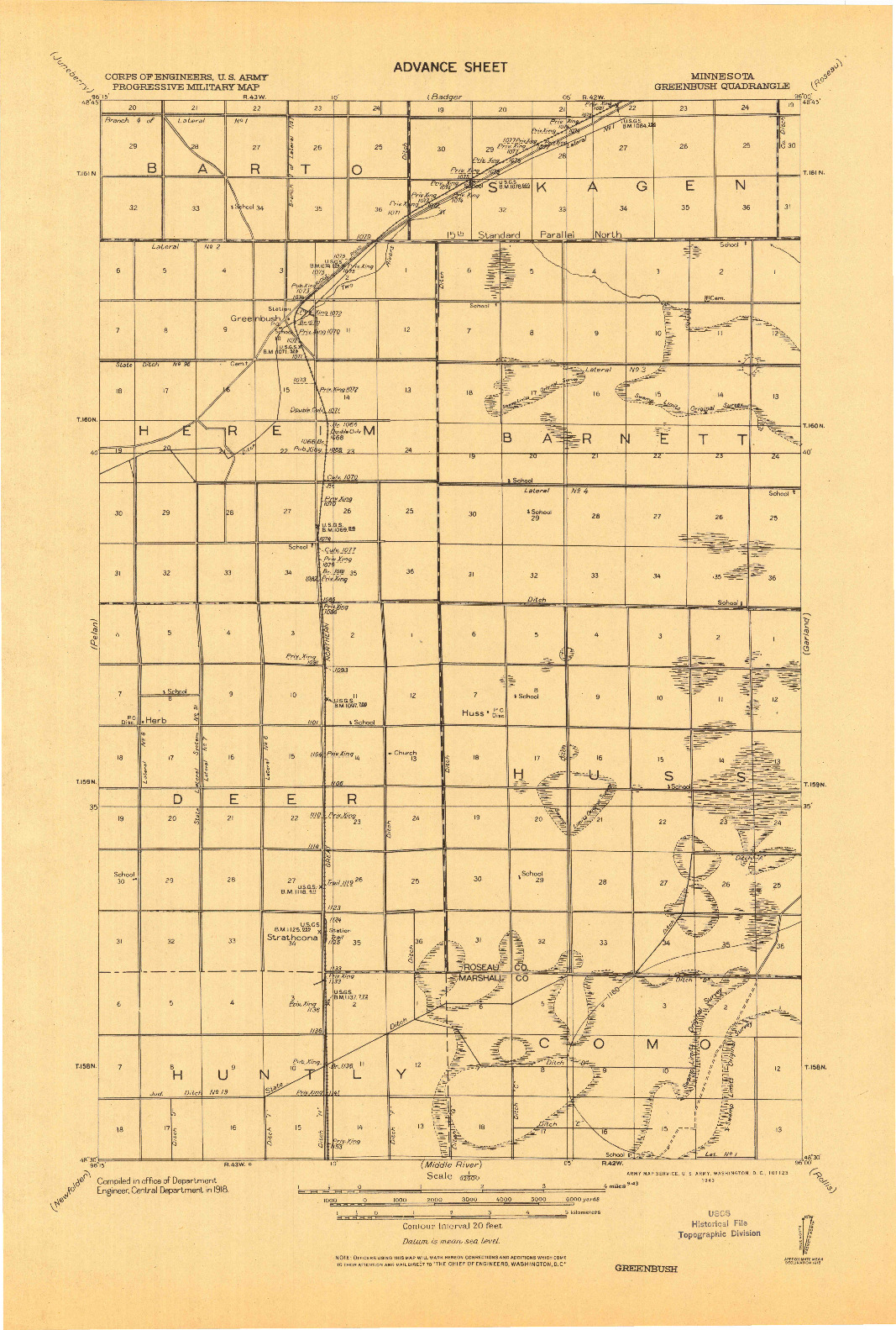USGS 1:62500-SCALE QUADRANGLE FOR GREENBUSH, MN 1918