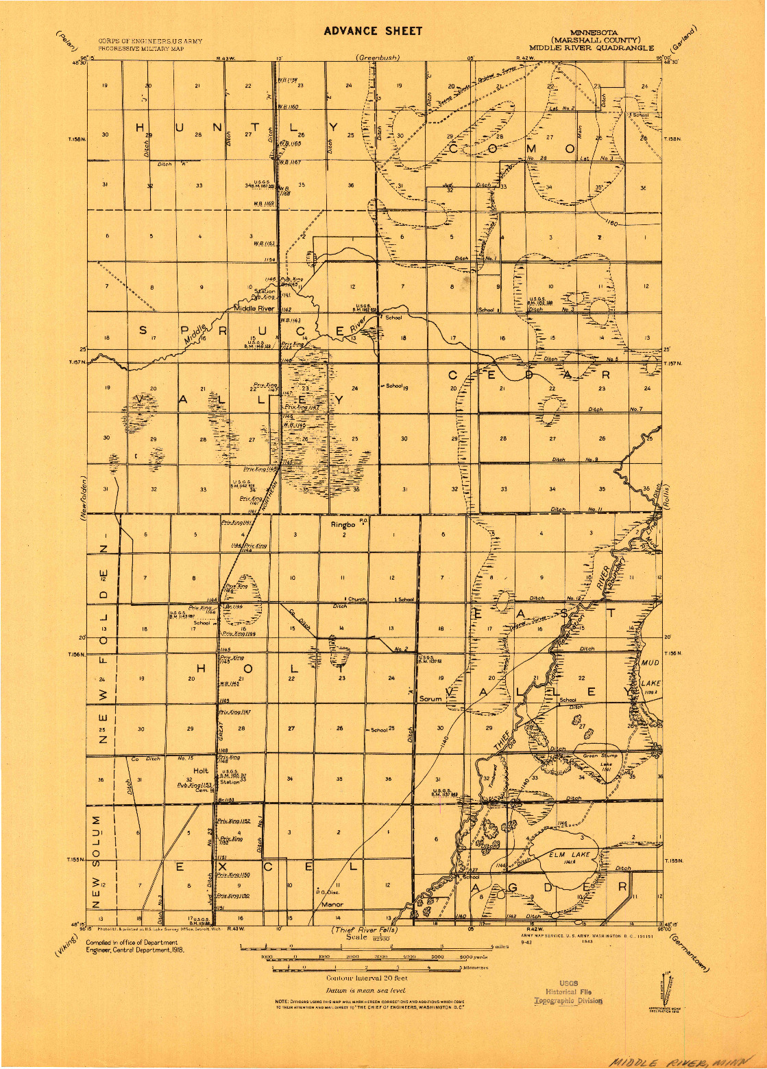 USGS 1:62500-SCALE QUADRANGLE FOR MIDDLE RIVER, MN 1918