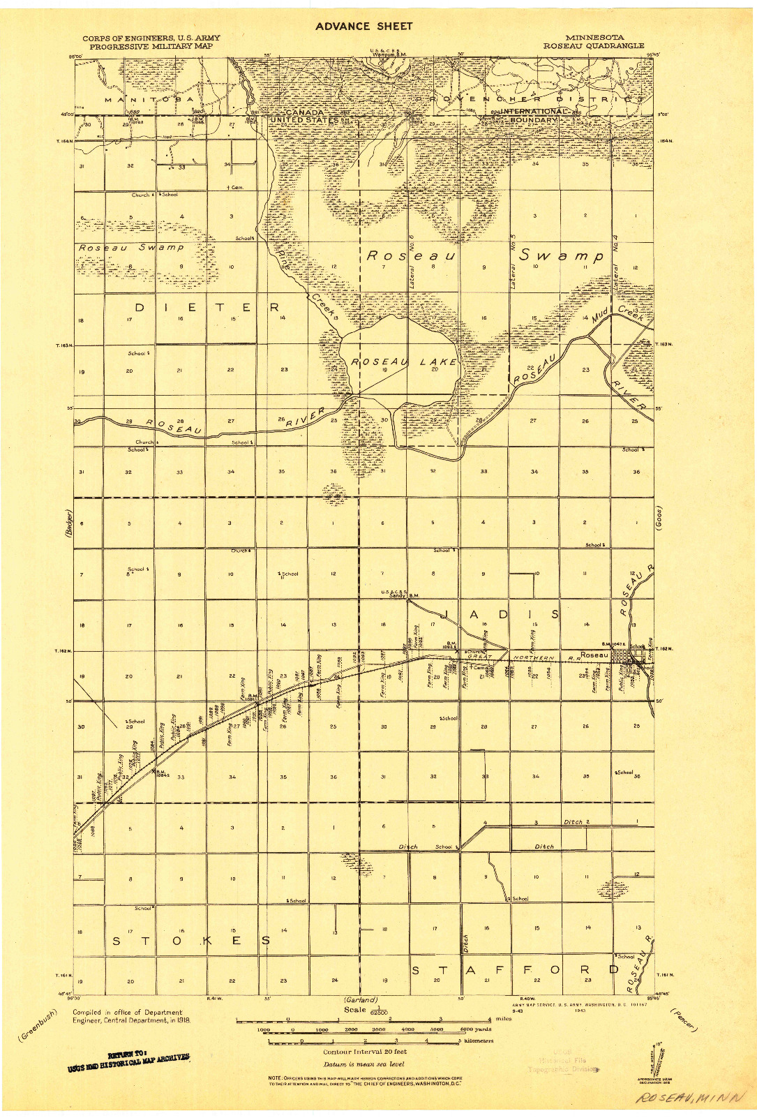 USGS 1:62500-SCALE QUADRANGLE FOR ROSEAU, MN 1918
