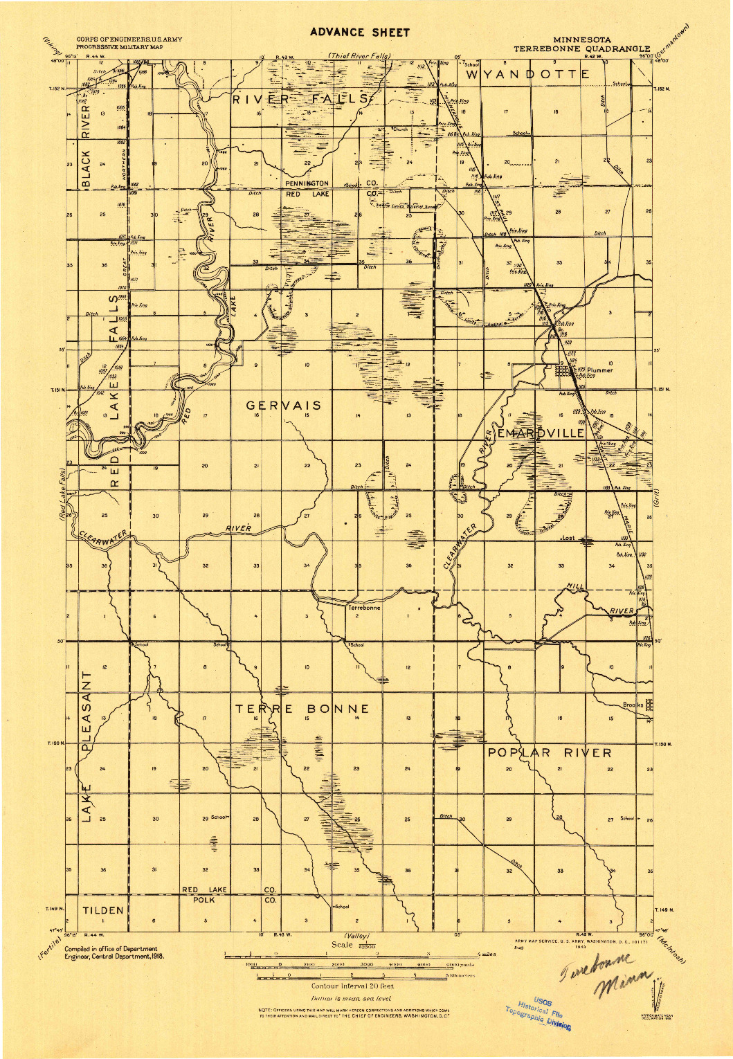 USGS 1:62500-SCALE QUADRANGLE FOR TERREBONNE, MN 1918