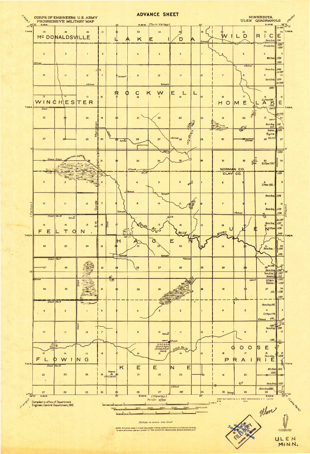 USGS 1:62500-SCALE QUADRANGLE FOR ULEN, MN 1918