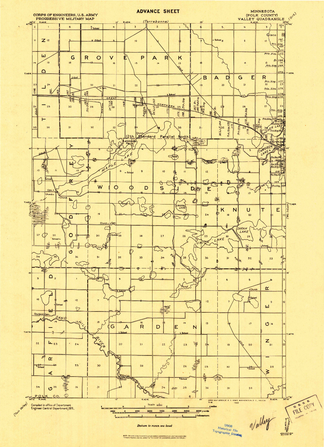 USGS 1:62500-SCALE QUADRANGLE FOR VALLEY, MN 1919