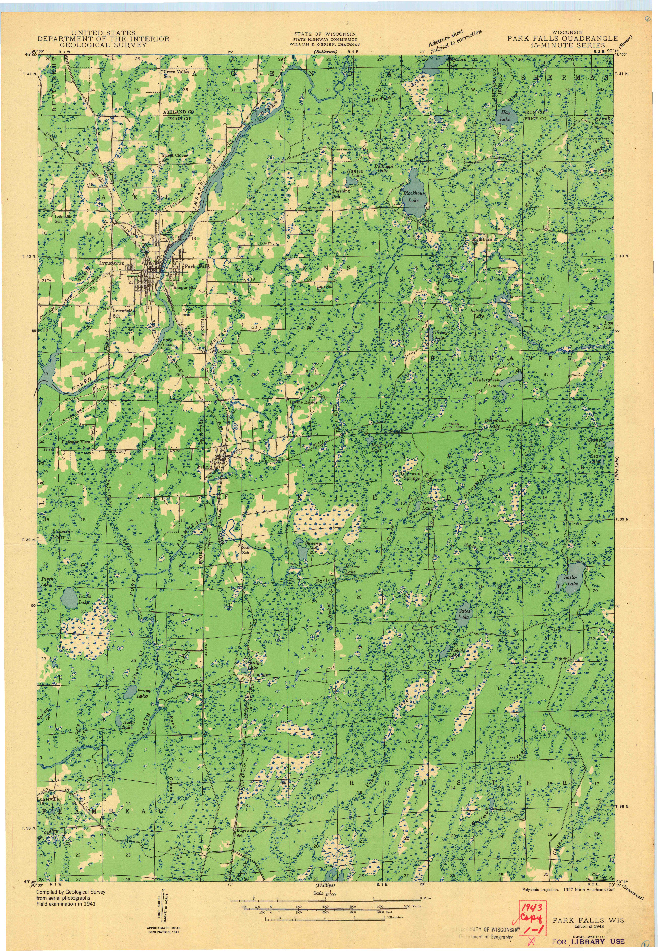 USGS 1:48000-SCALE QUADRANGLE FOR PARK FALLS, WI 1943