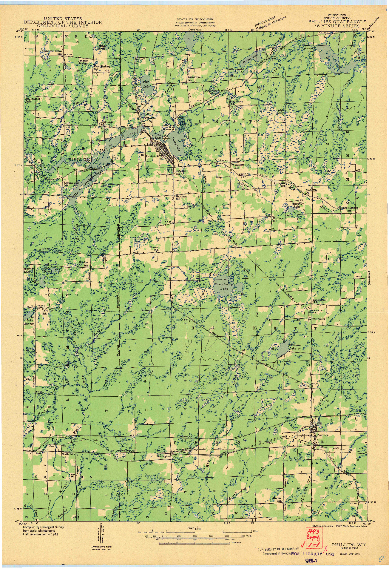 USGS 1:48000-SCALE QUADRANGLE FOR PHILLIIPS, WI 1943