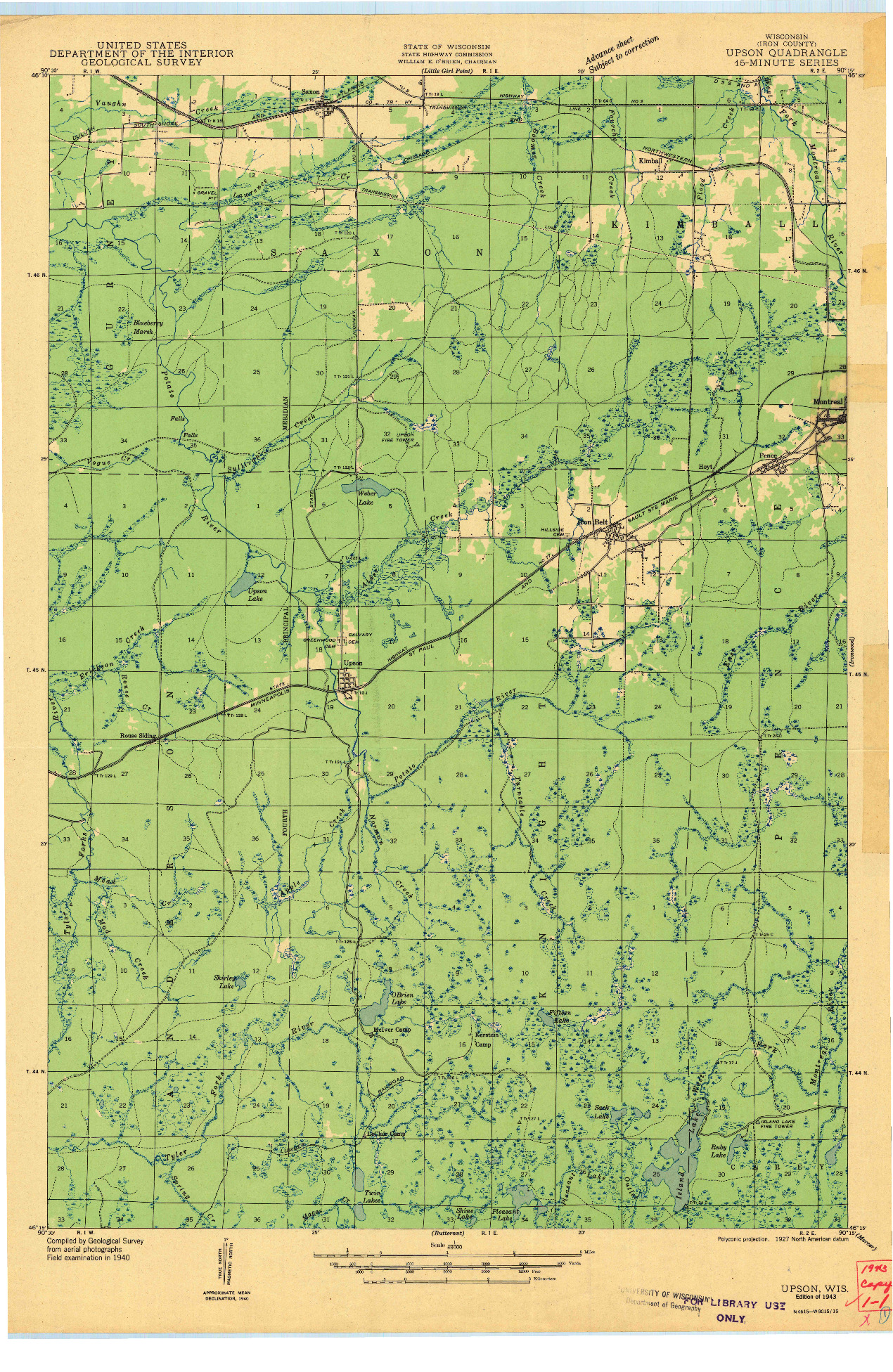 USGS 1:48000-SCALE QUADRANGLE FOR UPSON, WI 1943