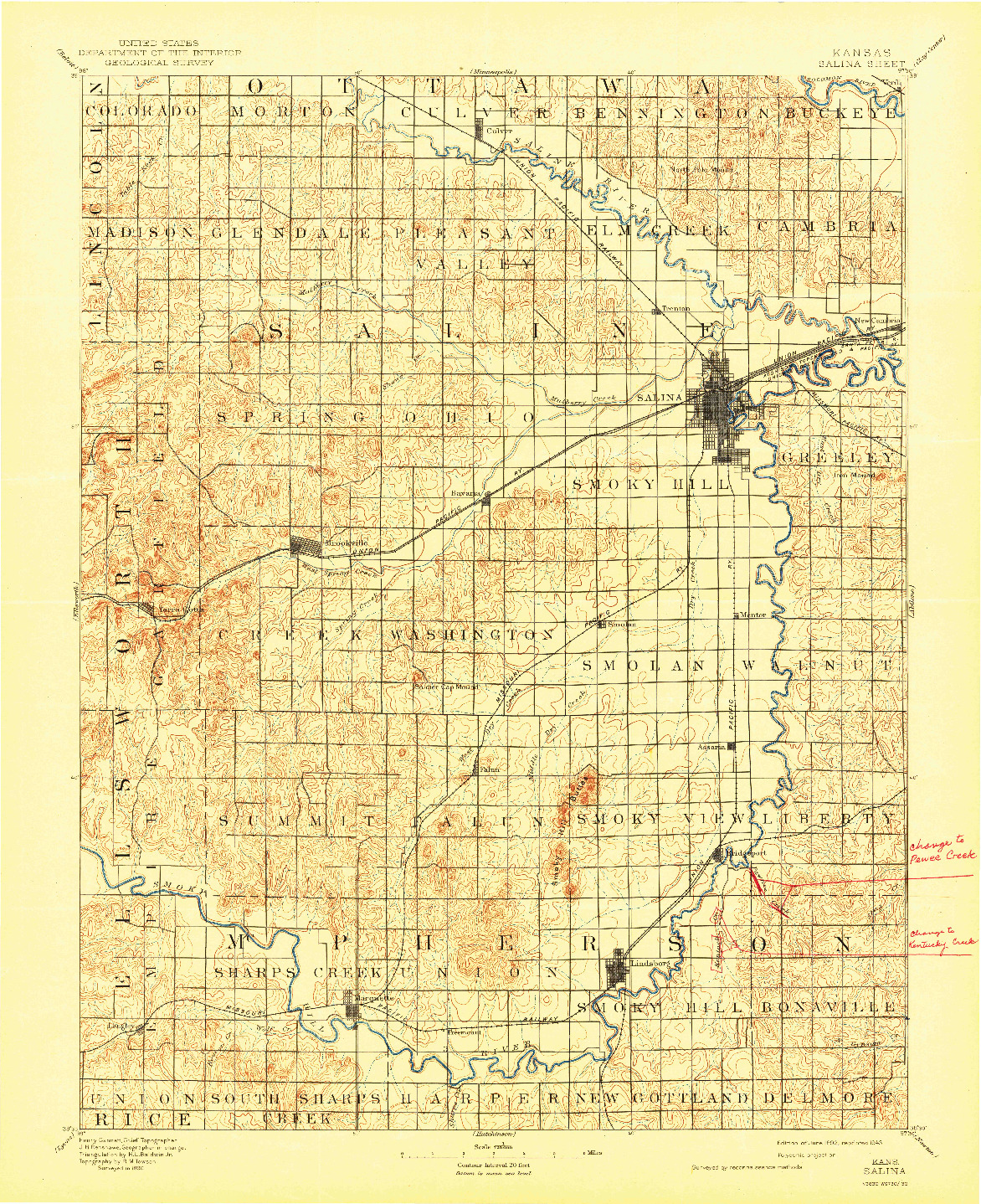 USGS 1:125000-SCALE QUADRANGLE FOR SALINA, KS 1892