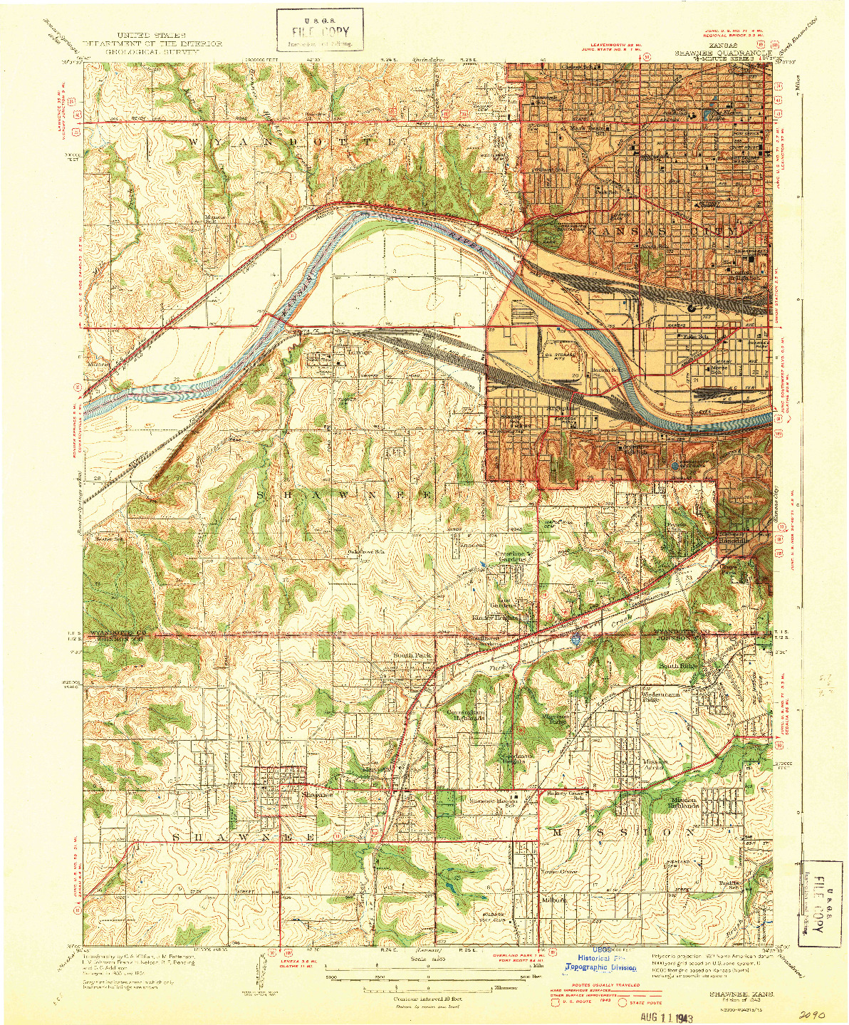 USGS 1:31680-SCALE QUADRANGLE FOR SHAWNEE, KS 1943