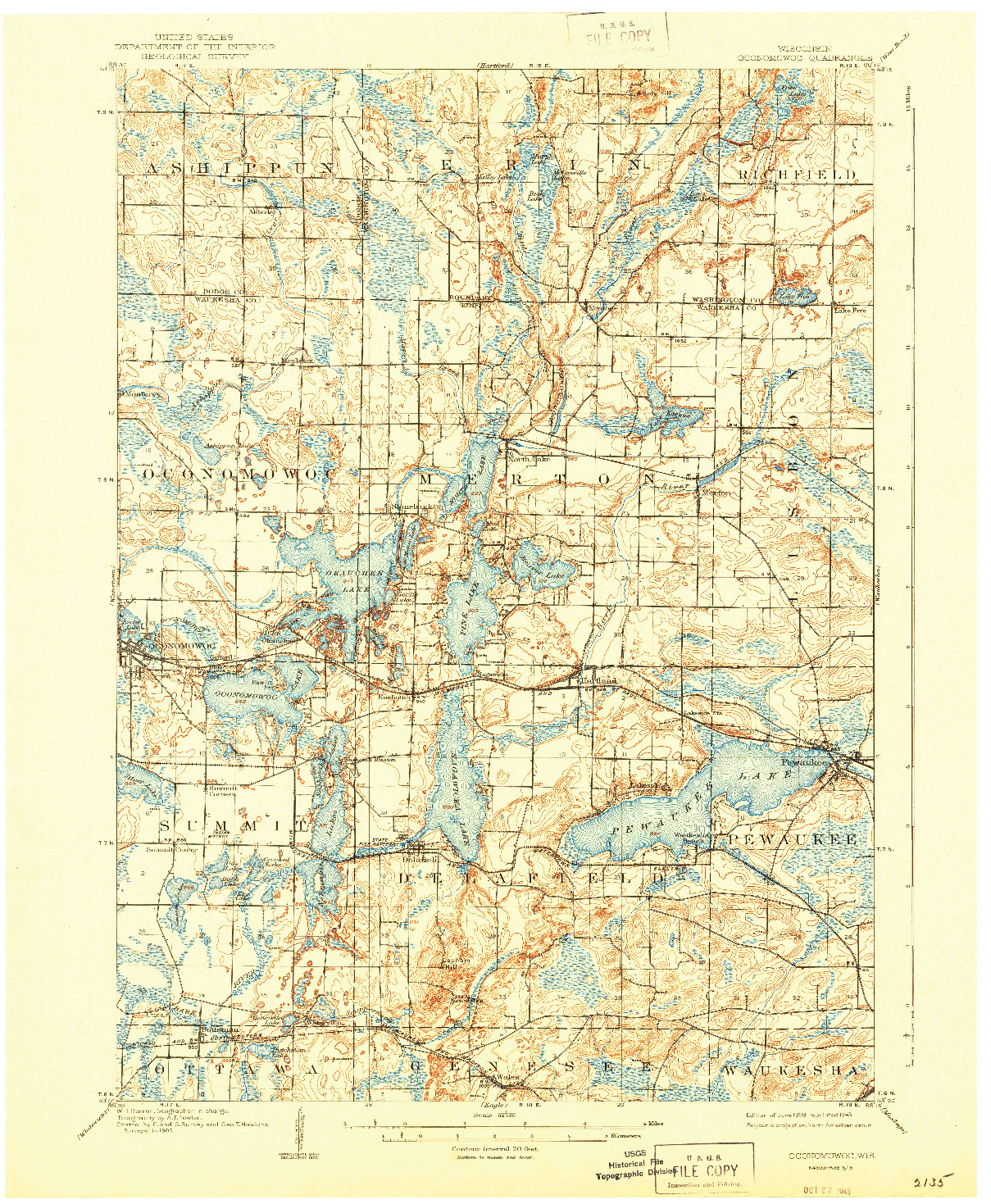 USGS 1:62500-SCALE QUADRANGLE FOR OCONOMOWOC, WI 1909