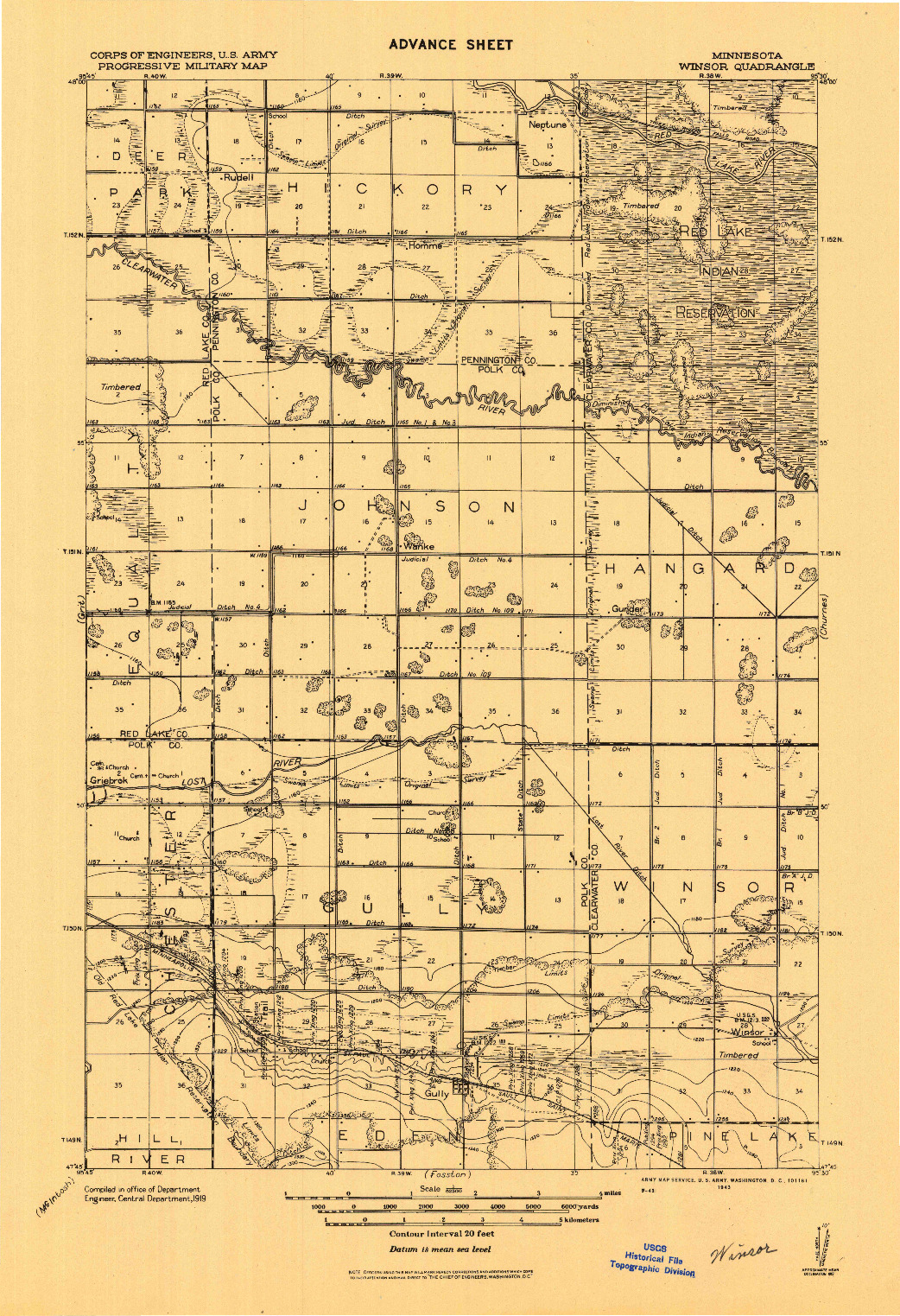 USGS 1:62500-SCALE QUADRANGLE FOR WINSOR, MN 1919