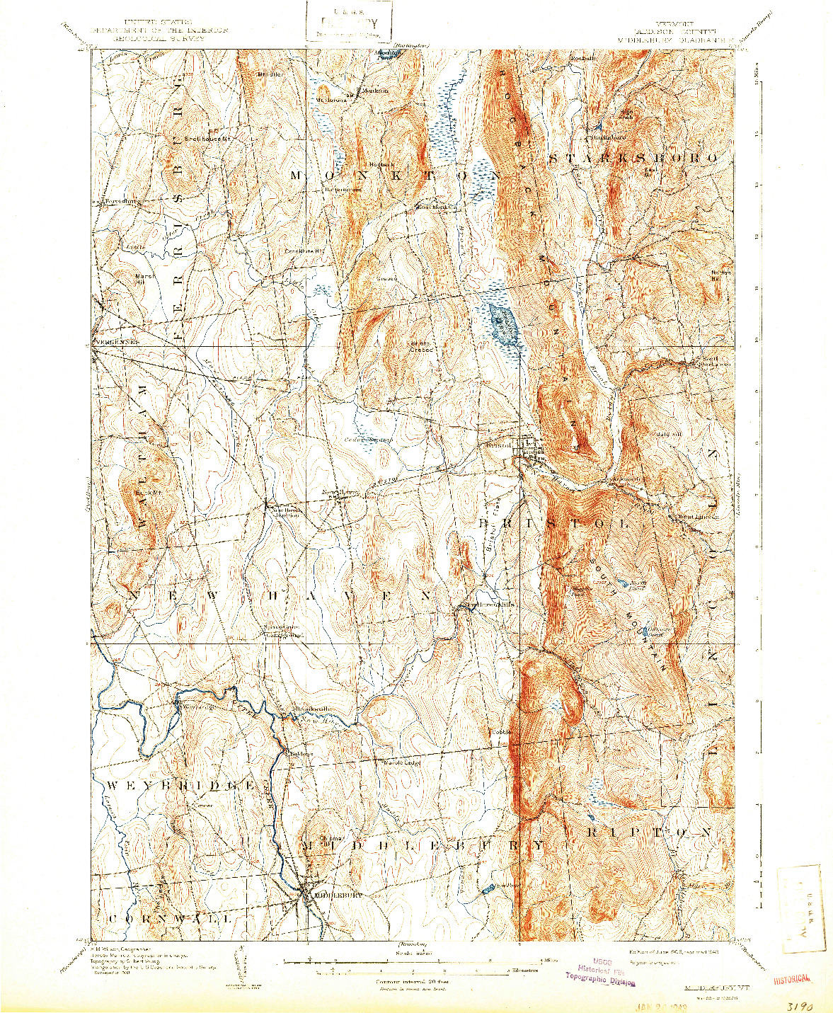 USGS 1:62500-SCALE QUADRANGLE FOR MIDDLEBURY, VT 1905