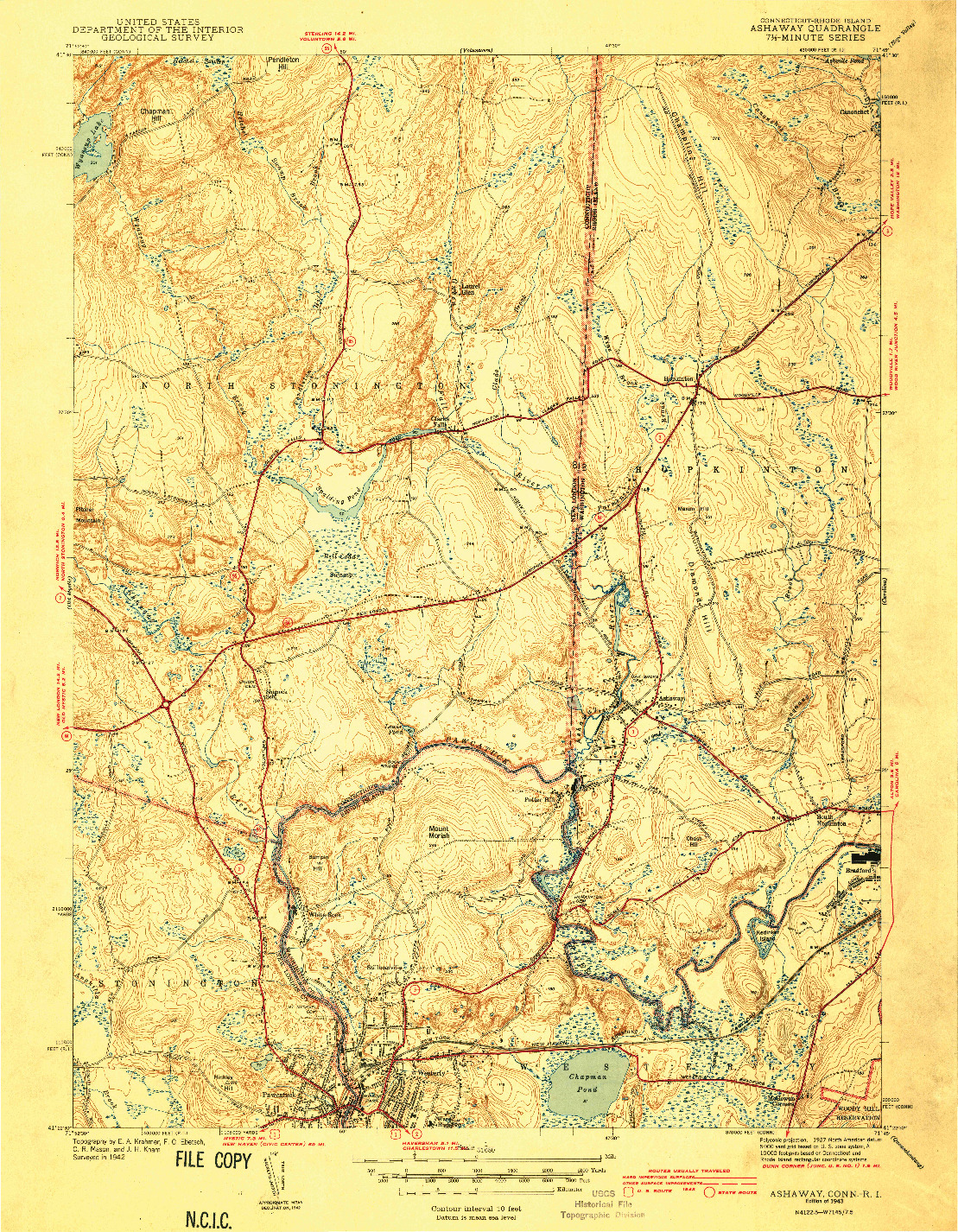 USGS 1:31680-SCALE QUADRANGLE FOR ASHAWAY, CT 1943